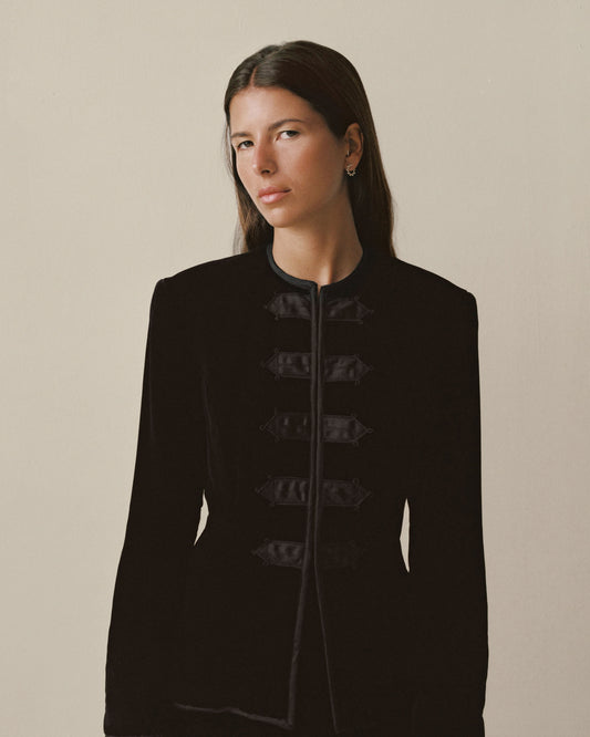 FALLON-suit-jacket-skirt-ralph-lauren-black-velvet-vintage-women-luxury-clothing-rare-fashion-curated-art-collection